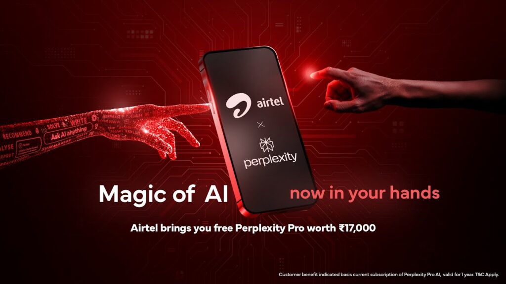 Promotional image showing a smartphone with Airtel and Perplexity logos, with a red AI-generated hand and a human hand reaching toward the phone. Text reads "Magic of AI now in your hands – Airtel brings you free Perplexity Pro worth ₹17,000". Dark red background with digital circuit patterns.